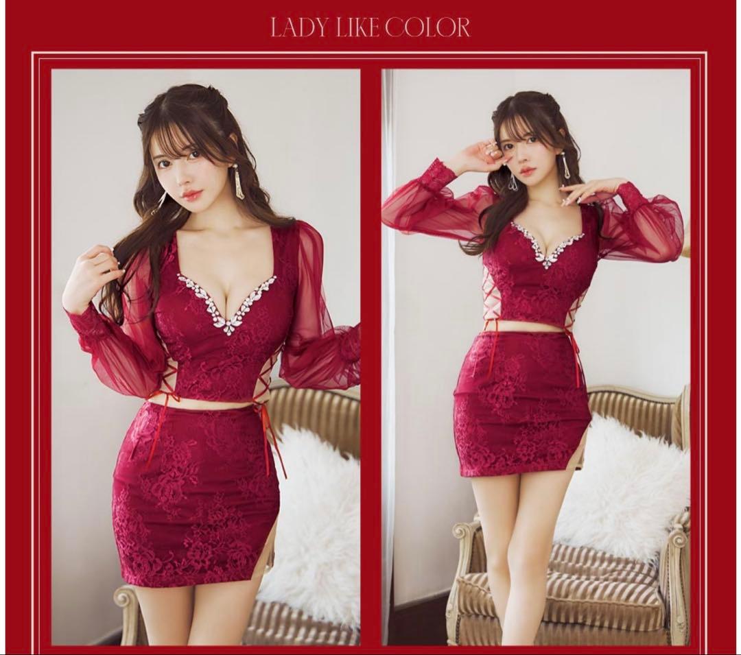 JEWELSセットアップミニドレスチュール袖キャバドレス Mサイズ ワインレッド