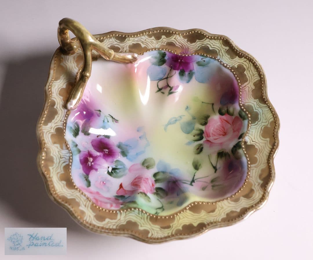 【CM297】オールドノリタケ 花 皿 薔薇 パンジー 金彩 イエロー 黄色