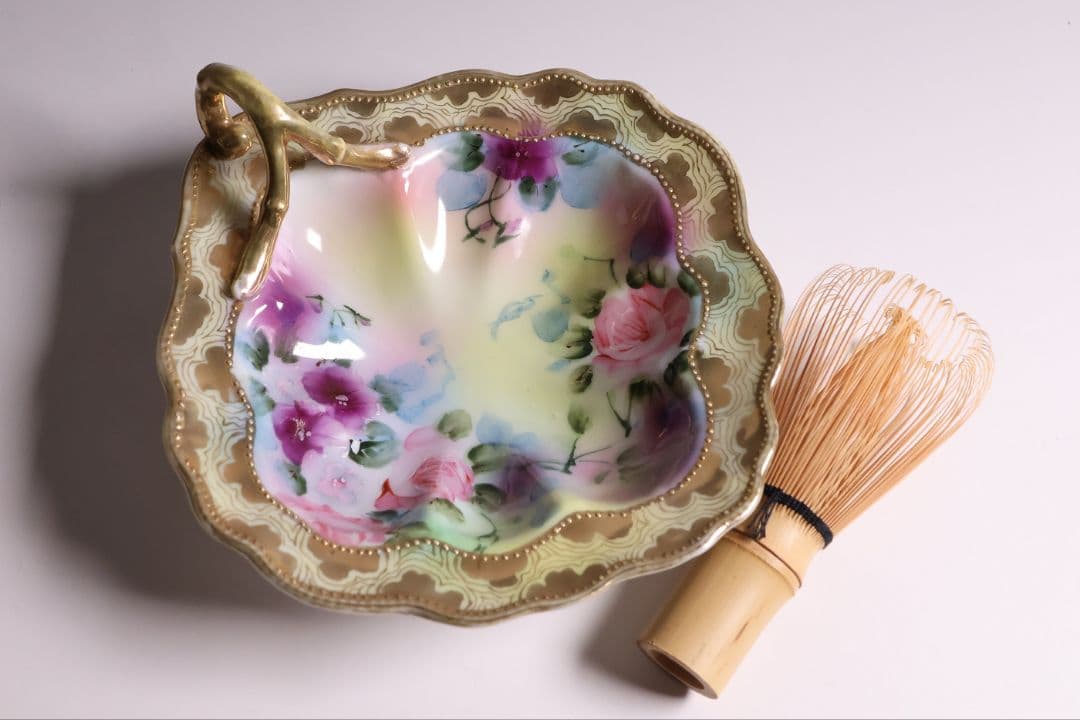 【CM297】オールドノリタケ 花 皿 薔薇 パンジー 金彩 イエロー 黄色