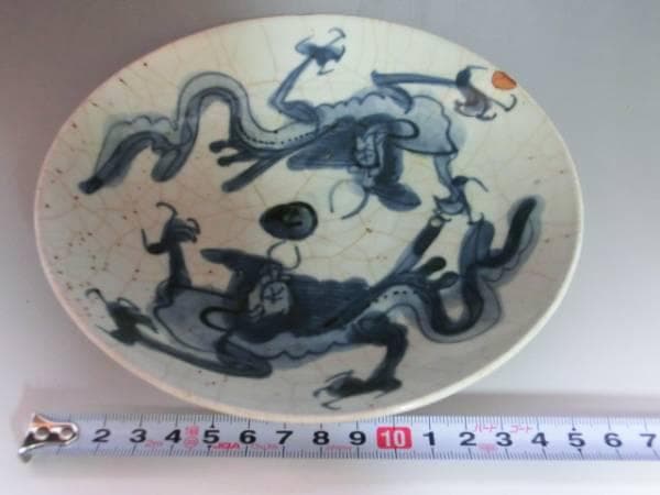 皿■獅子紋染付氷裂皿 砂高台 古い平鉢 古玩 唐物 中国 時代物 骨董品■