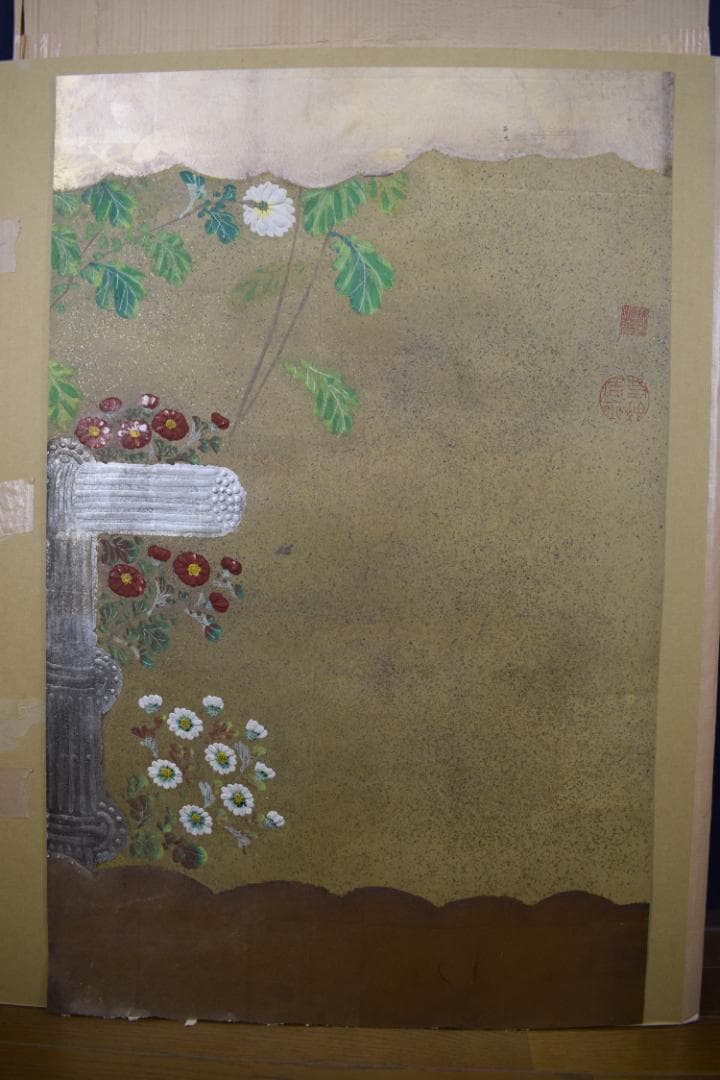 【模写】伊藤若冲/菊図/屏風ハガシ/四曲用マクリです/掛軸☆宝船☆Z-368