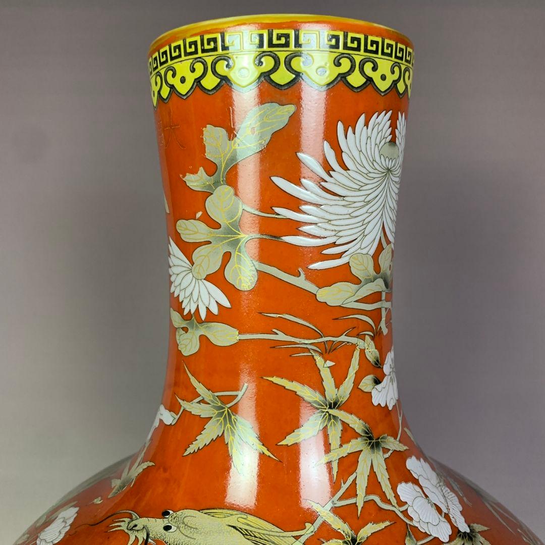 永楽長春ばん紅竜紋着花天球花瓶 景徳鎮 陶磁器 装飾品 現代工芸品美術品 置物