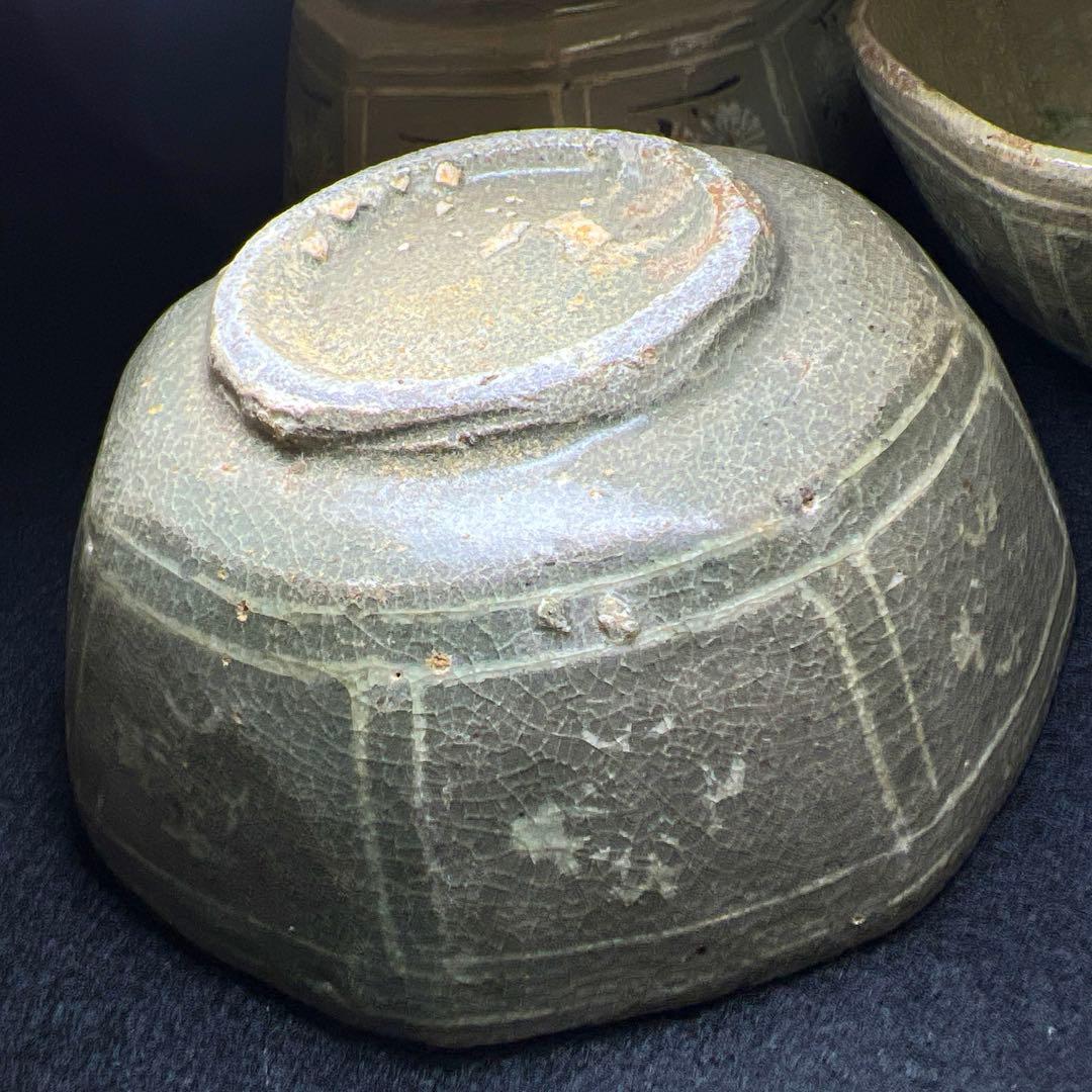 16世紀　高麗青磁　上手白泥象嵌八角鉢4客　幅約11.5㎝東Y7-1224☆2F