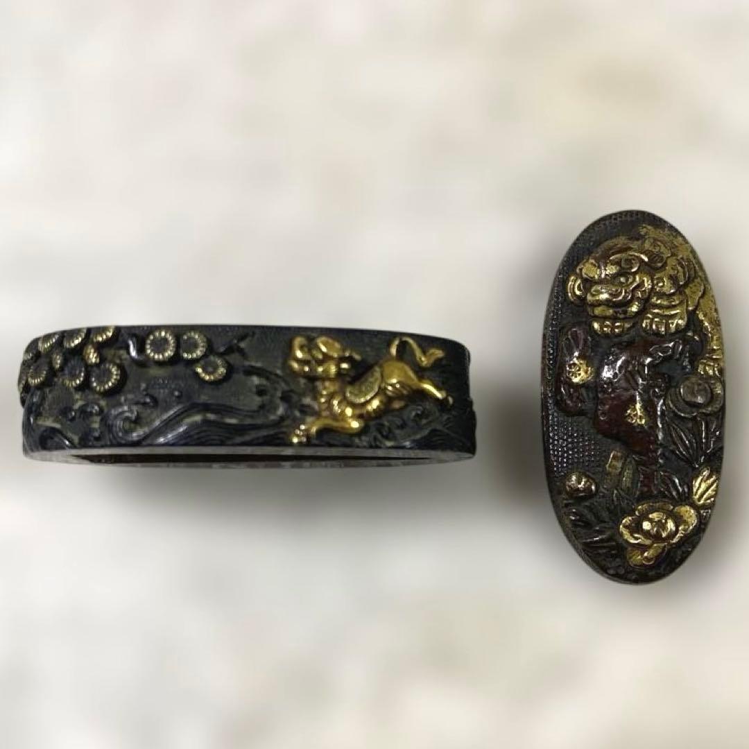 B-46 縁頭　金象嵌　武具　刀装具　時代物　アンティーク　美術品　工芸品