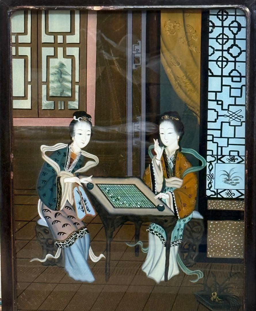 中国　ガラス絵　美人　1960年代製　壁がけ　送料込み250131