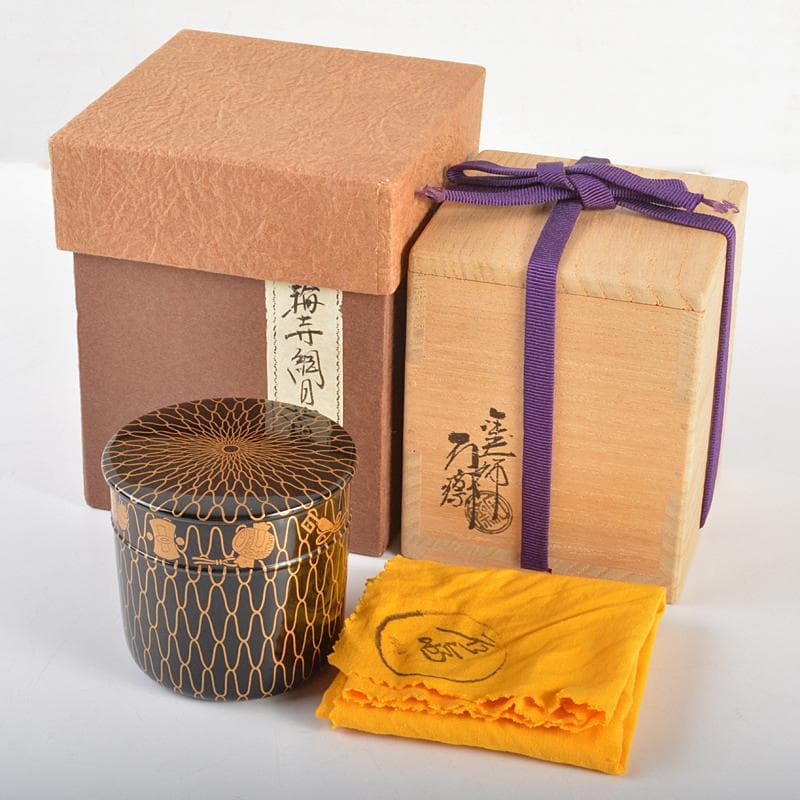 茶道具　山中塗　塗師　辻石斎造　網目宝尽蒔絵　金輪寺　棗　共布共箱　YR6861