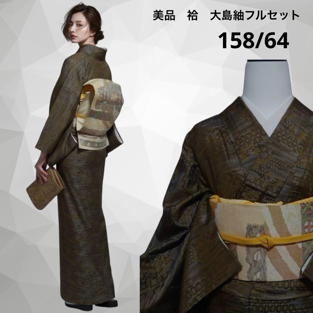 未使用近い　美品　袷　正絹　大島紬　小紋　フルセット