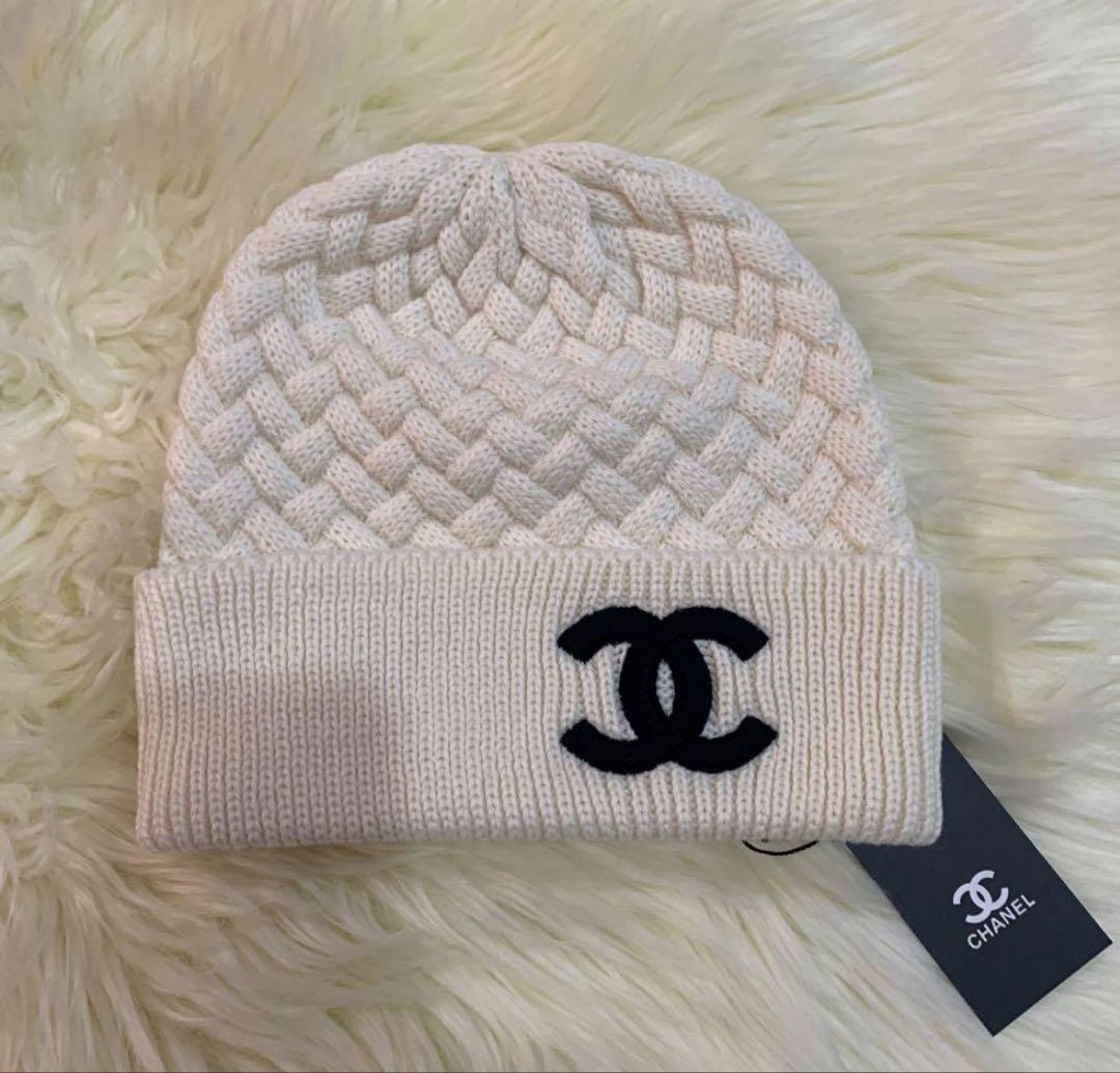 CHANEL 編み込み ホワイト ビーニー ニット 帽子