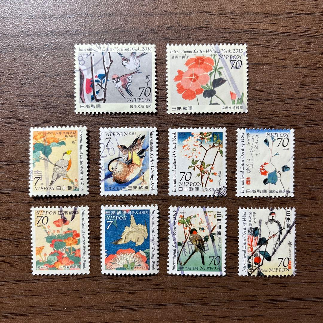 日本の古切手　美しい鳥と花　10枚