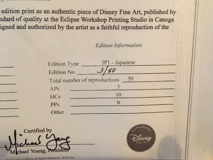 ディズニー 絵画 ピノキオ「ザ・ウィッシング・スター」作品証明書 限定50部
