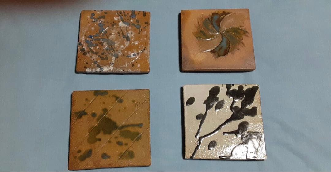 陶芸作品 高台付き角皿4点セット