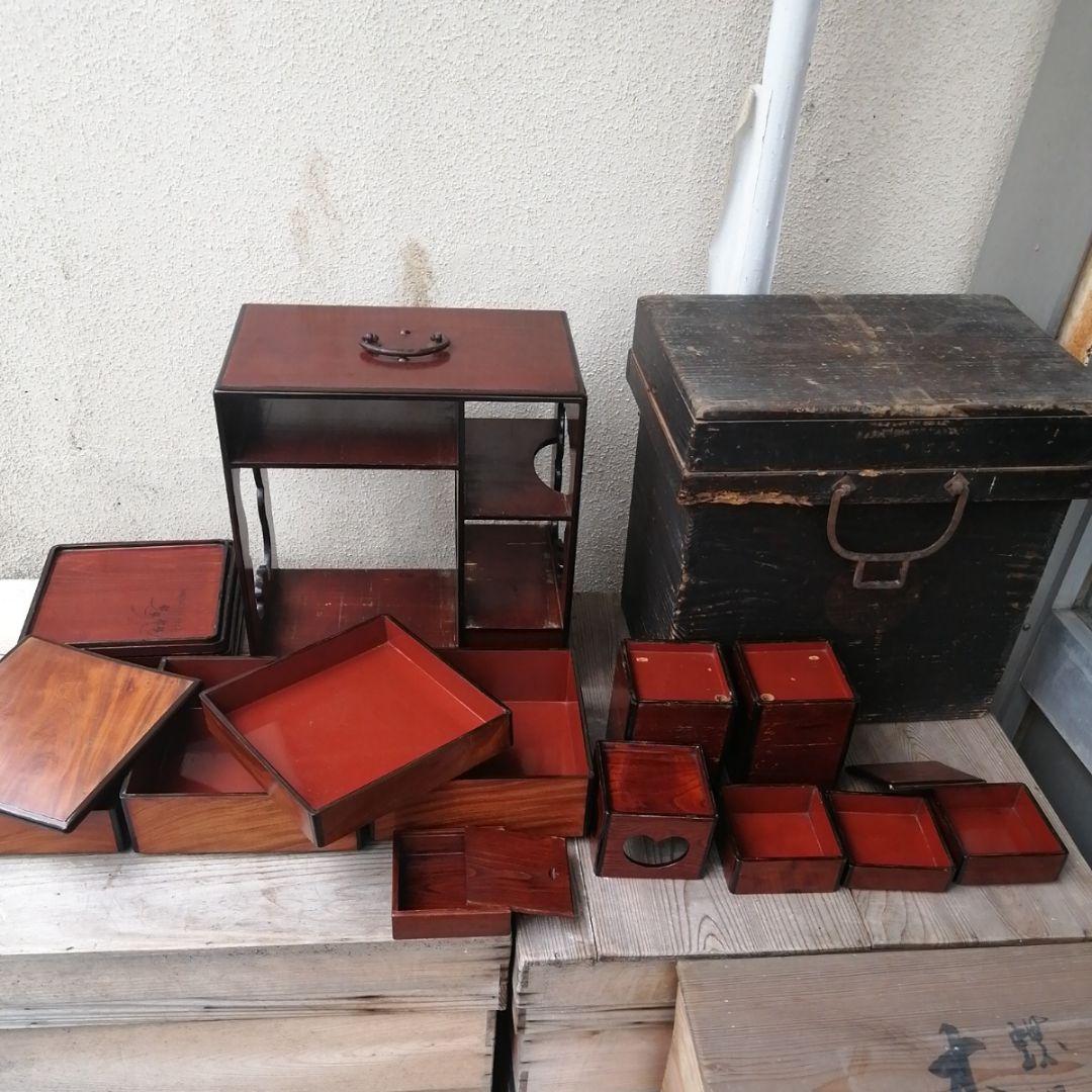 骨董　弁当箱　大名弁当　野点　木製　漆器　共木箱入　アンティーク　小物入