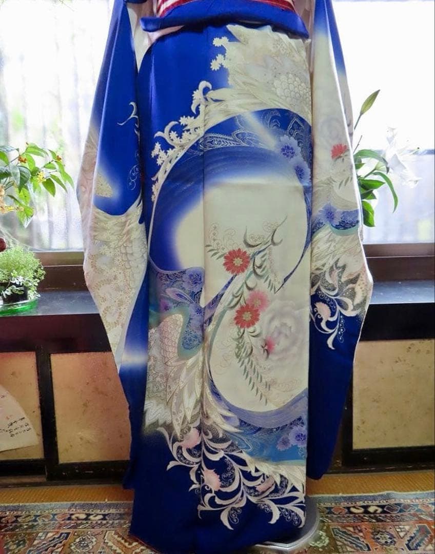 濃青　正絹振袖フルセット(5点) 袋帯・長襦袢付き！・半衿・帯揚げ　友禅　孔雀