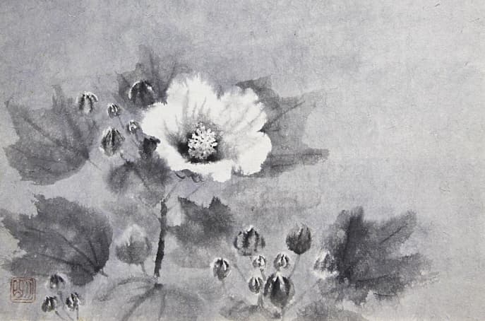 穐月明【芙蓉花】 水墨画 6号 共シール有り