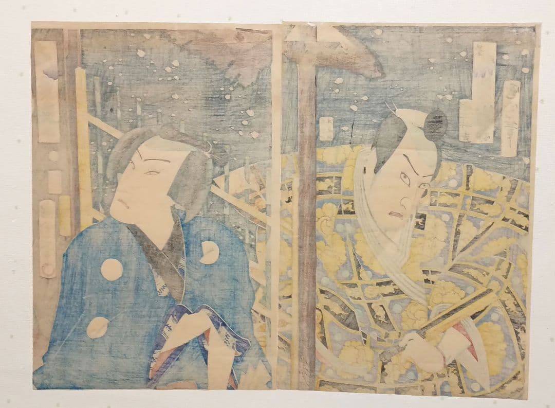 浮世絵版画、役者絵三枚綴りの真ん中と左側二枚売り、豊原国周画慶応3年出版