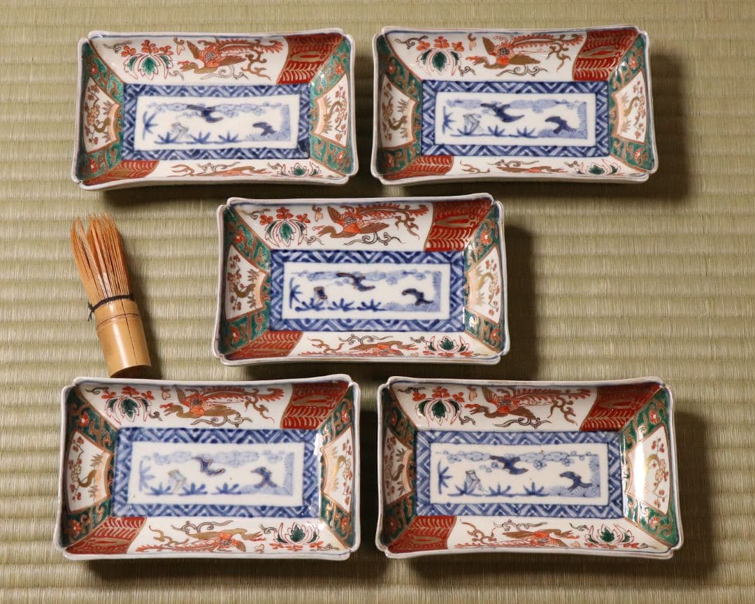 【CM50】古伊万里 色絵 長方刺身皿 角皿 五客 桐鳳凰 松竹梅 扇面 花唐草