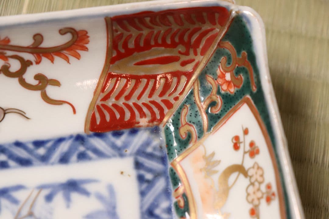 【CM50】古伊万里 色絵 長方刺身皿 角皿 五客 桐鳳凰 松竹梅 扇面 花唐草