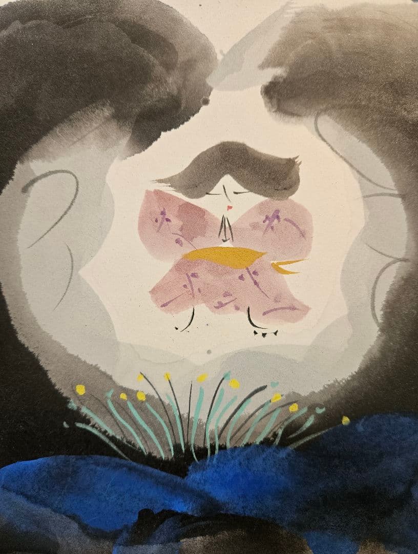 【真筆保証❗】渡辺俊明筆　墨筆水彩彩色 肉筆　題『花童子』額装　文部省買上作家