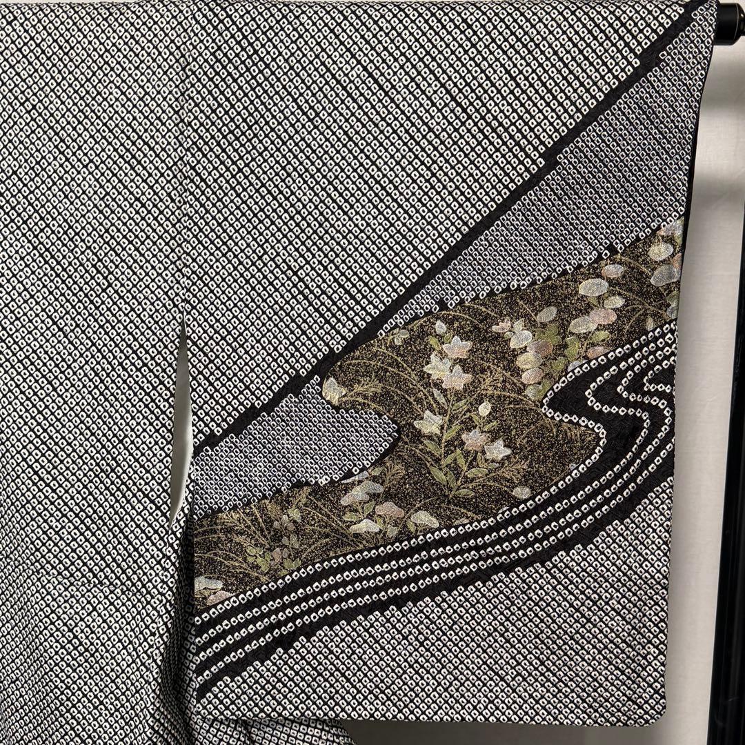 D19 訪問着 総絞り 花刺繍 正絹 着物 袷 極美品