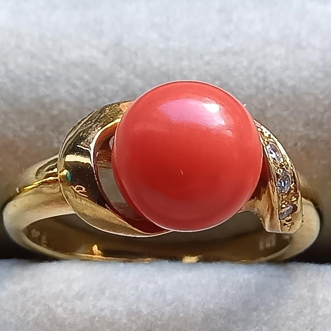 赤サンゴ珊瑚径８ミリ付　リングK１８　内径約１６mm重量合計４.６g
