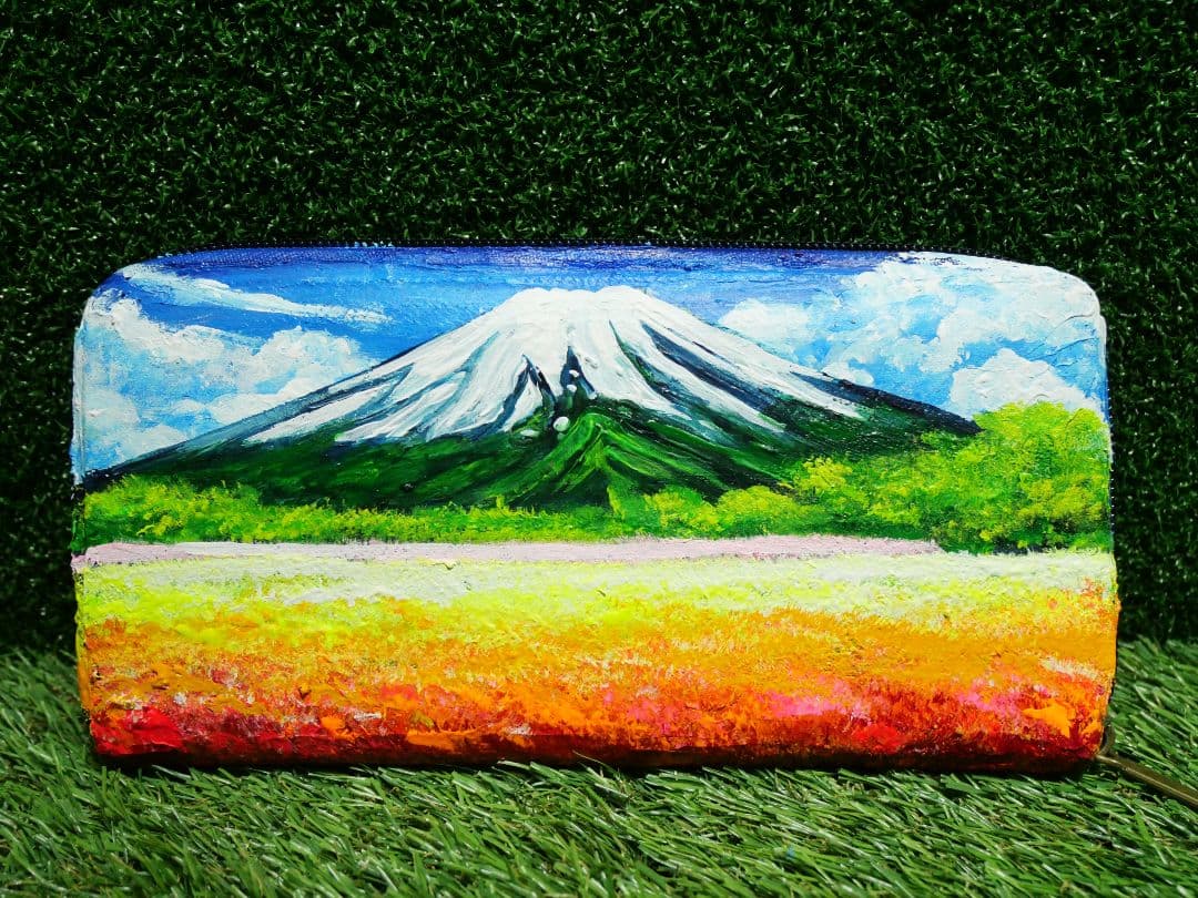 油絵 絵画　長財布【お花畑と満月の富士山】