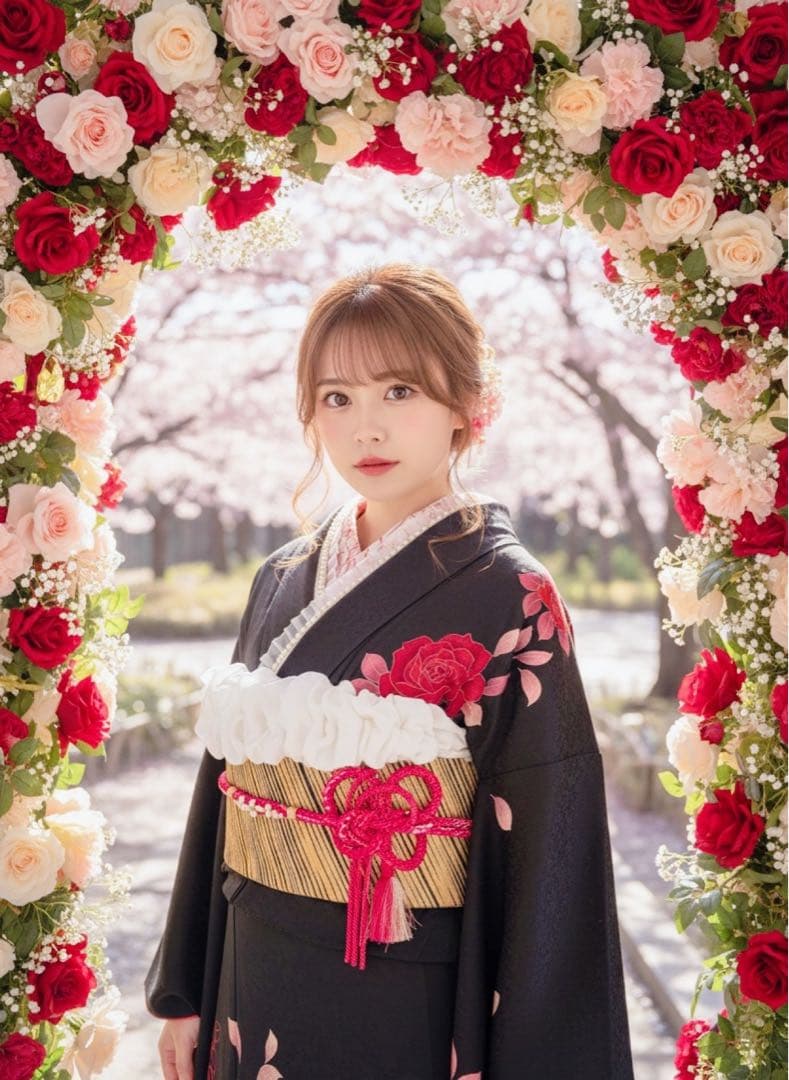 豪華　未使用に近い　黒地バラ刺繍振袖フルセット　成人式　パールトーン加工