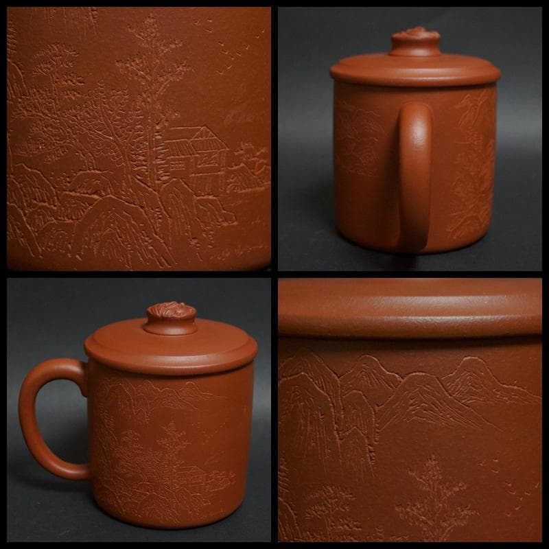 工芸美術師 許海中造 朱泥茶器 細密彫『山水風景図』蓋/持ち手付 龍摘 紫砂共箱