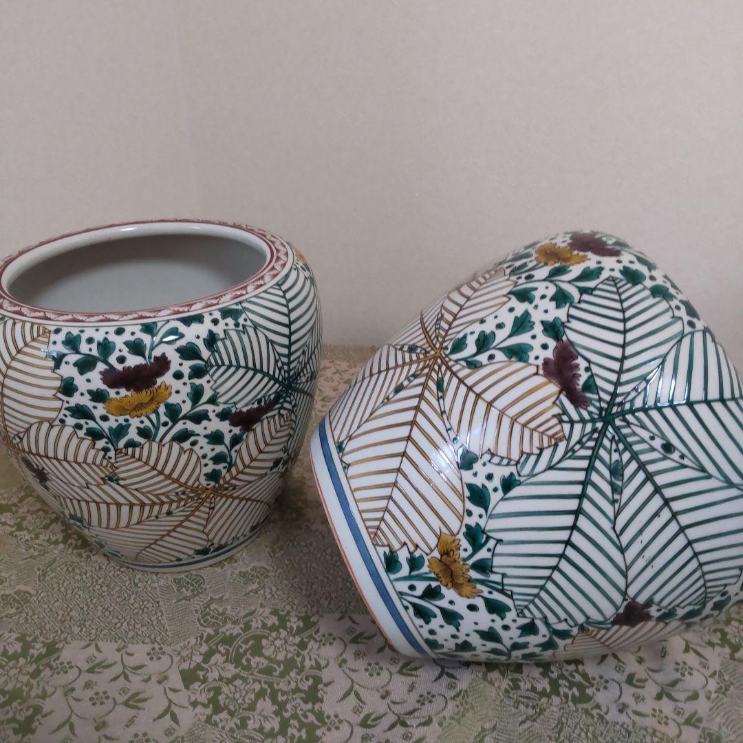 九谷焼柏葉文　火鉢　一対　木箱付き