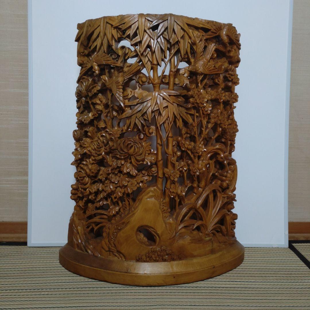 木製インテリア 竹と花の彫刻