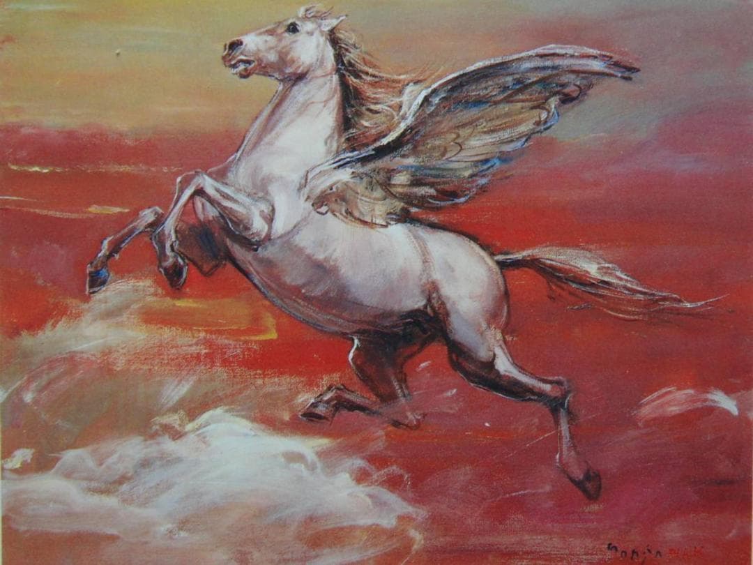 中畑 艸人、天空を駆ける、希少画集画、新品額装付 、iafa、絵画