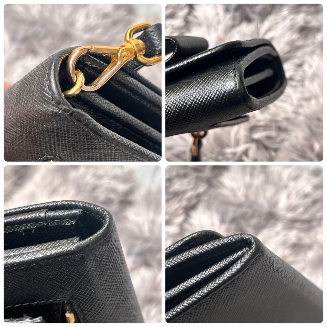 美品✨PRADA ストラップ付　財布　フィオッコ　サフィアーノ　ブラック　メタル