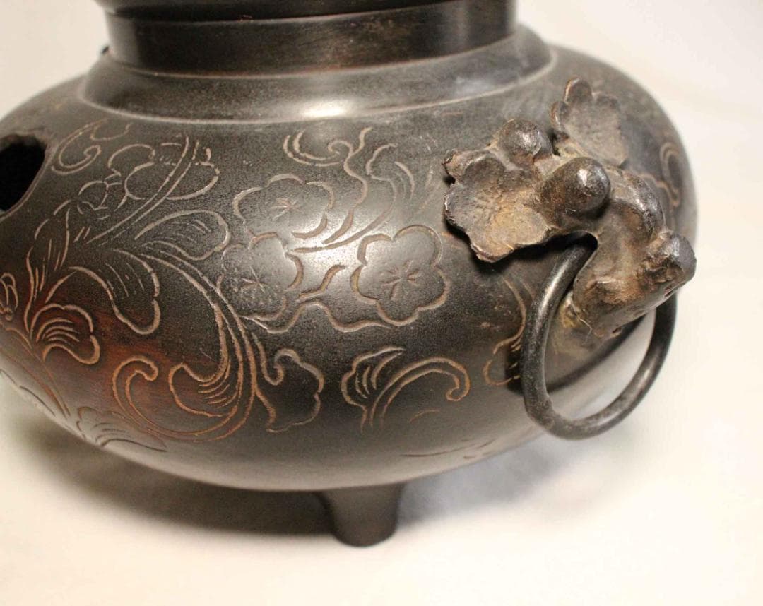 与*）様 茶釜 銅製 植物文 在銘 正斉 19cm 茶道具 古銅 銅器 金属工芸