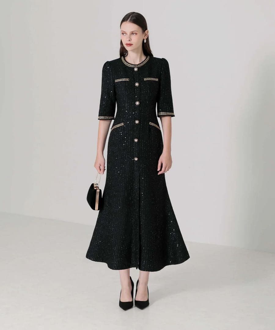 leja ラメツイードレザーパイピングパール マーメイドドレス