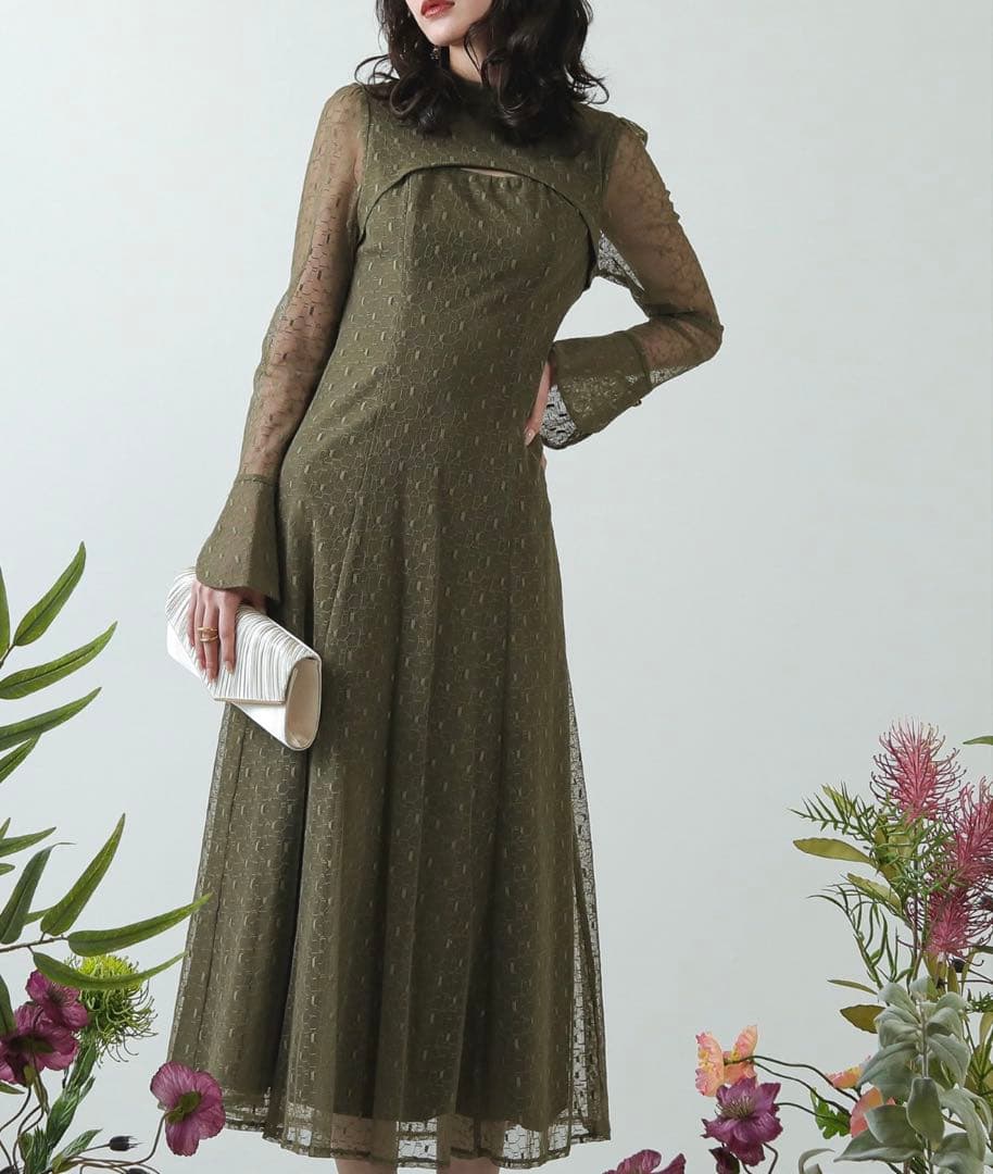 幾何学柄 レース バックオープン ワンピース パーティー 結婚式 お呼ばれ