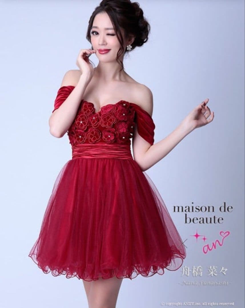 M レッド ミニドレス オフショル フレア Aライン ベロア シフォン ウエスト