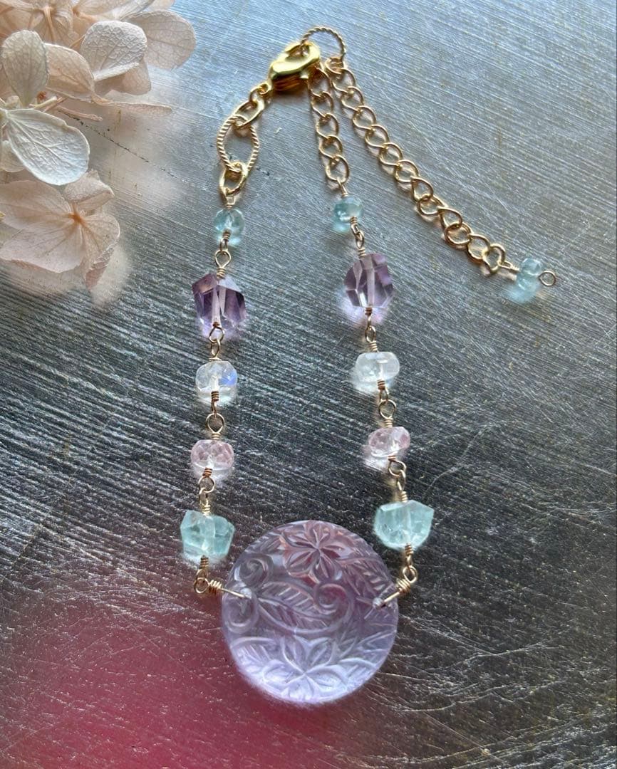 専用❣️ピンクアメジストプルメリアカービング＆アクアマリンとモルガナイトのブレス他