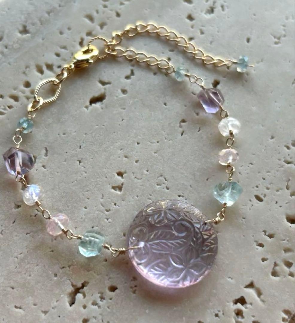 専用❣️ピンクアメジストプルメリアカービング＆アクアマリンとモルガナイトのブレス他