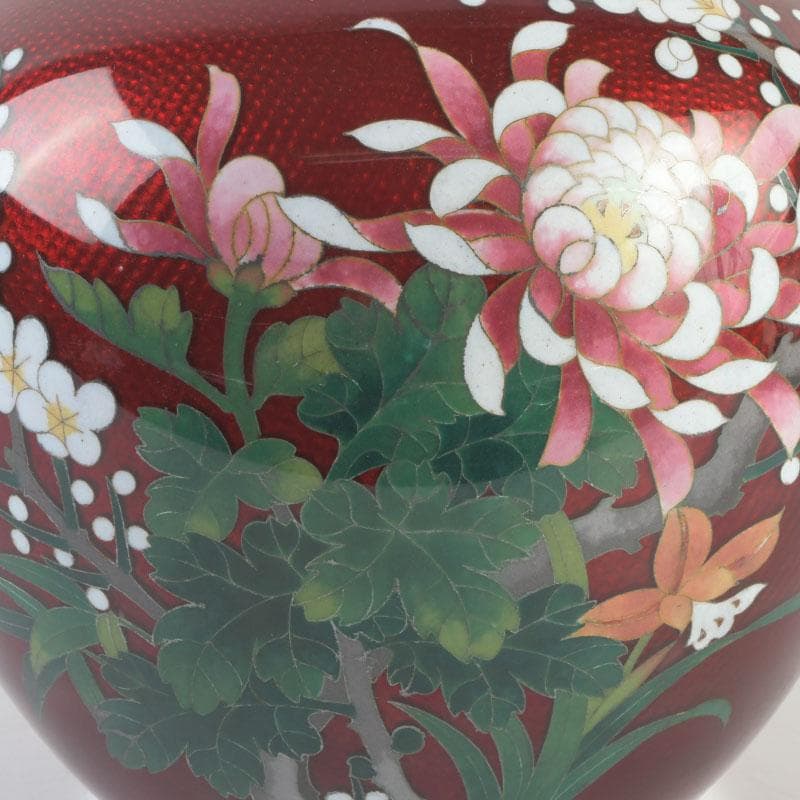 七宝焼　尾張佐藤七宝店謹製　赤透釉　四君子文　花瓶　V　9310