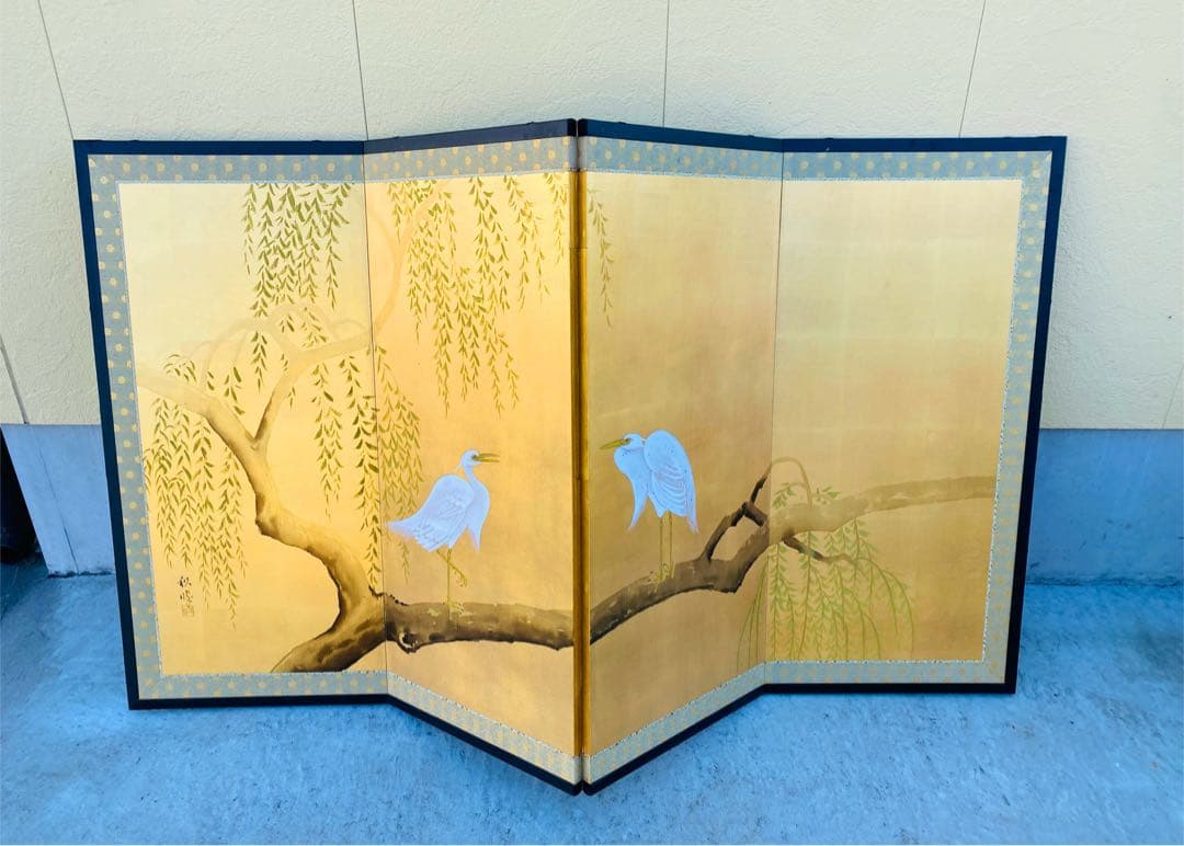 白い鳥と柳の木の屏風 160cm x 90cm