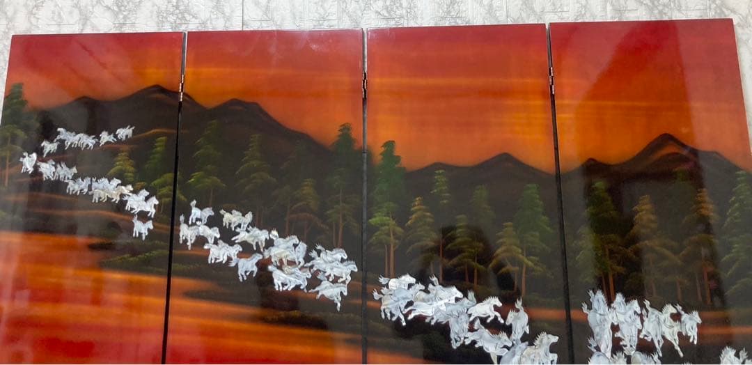 【特大】螺鈿細工 パーテーション 衝立「馬倒成功」 高さ：150cm