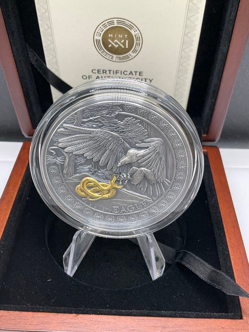 2023年ガーナ　野生の狩人　イーグル アンティーク風・金メッキ付　50g銀貨