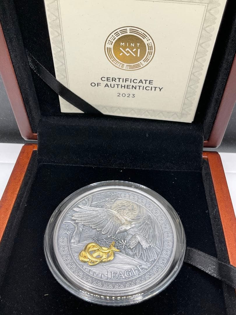 2023年ガーナ　野生の狩人　イーグル アンティーク風・金メッキ付　50g銀貨