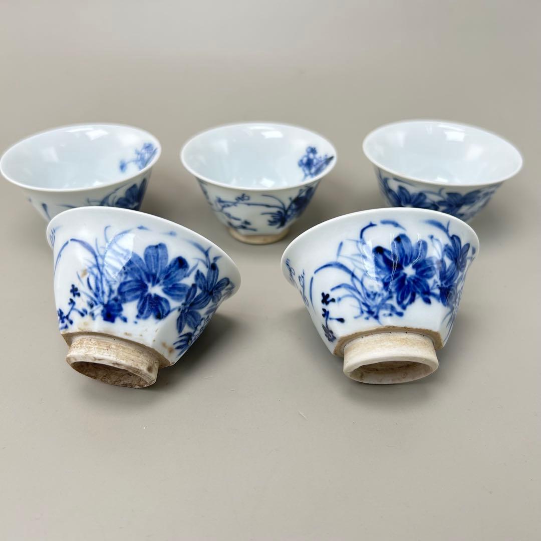 清水七兵衛 茶道具 京焼　名工　染付　草花文　 5客セット