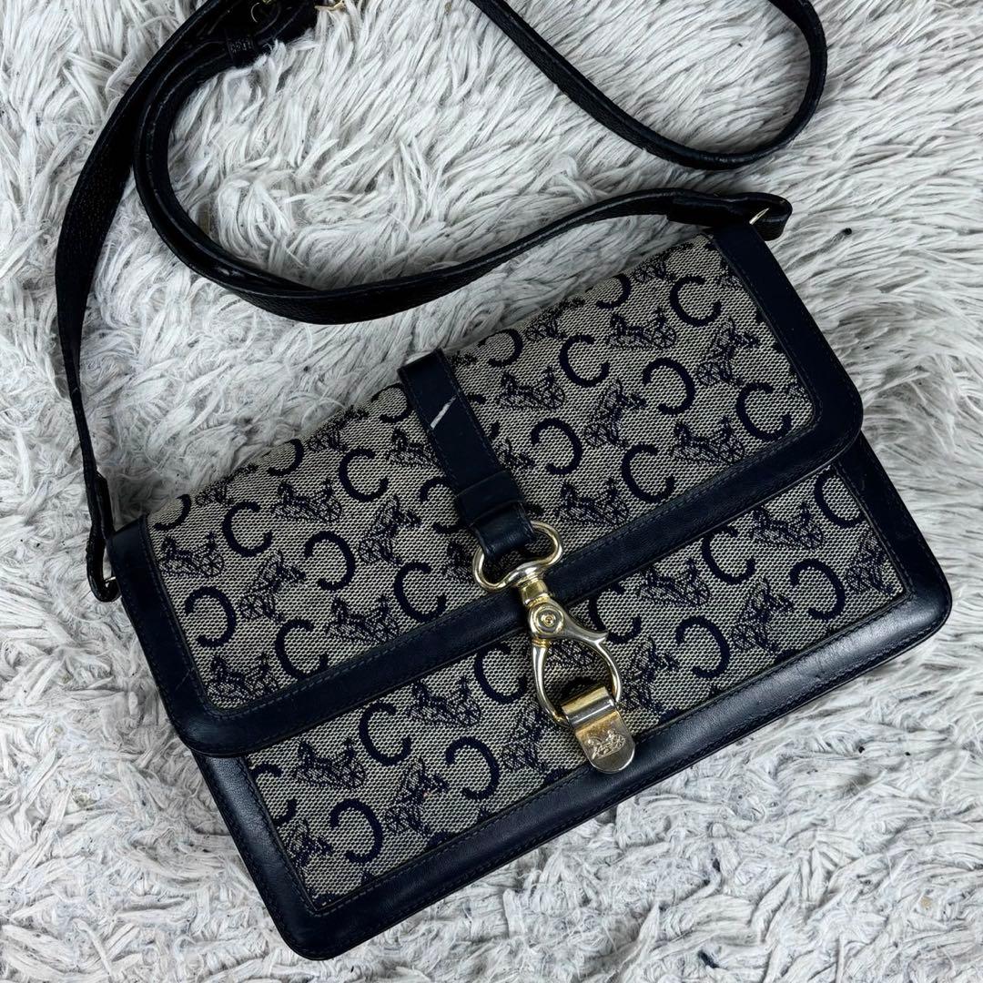 美品 セリーヌ キャンバス ショルダーバッグ Cマカダム ジャッキー ネイビー