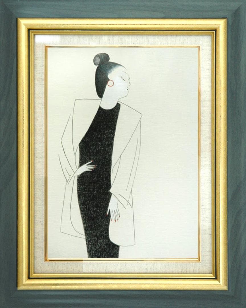 油絵 菅家令子 絵 絵画インテリア額付(青緑＋金色の枠) F6-082511女性