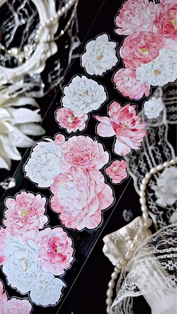 【9379】海外　5m巻　貝殻光カッティングマスキングテープ　ピンク　お花系