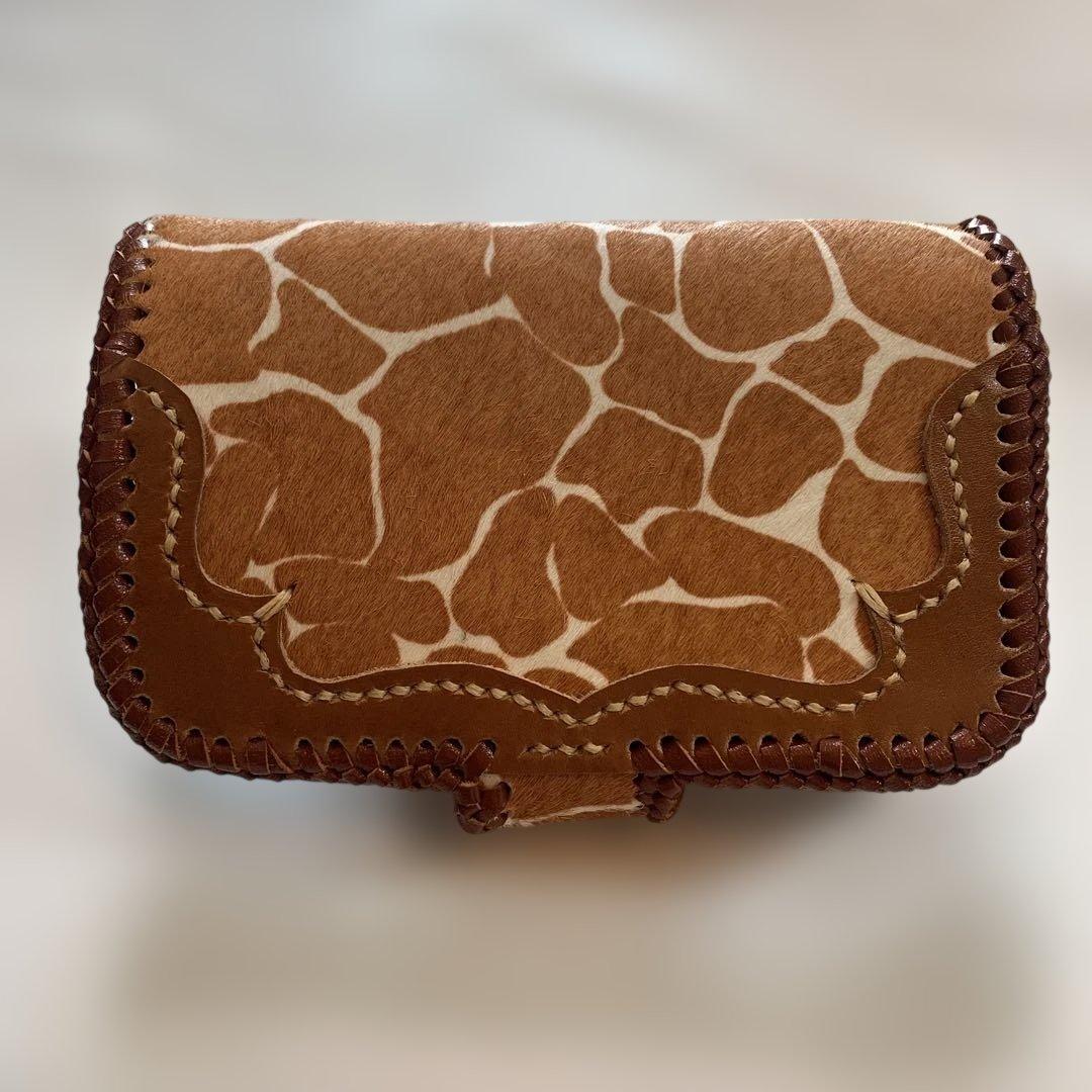 ハンドメイドレザークラフトキリン柄ハラコ牛革茶色ミドルウォレット牛レース編み茶色