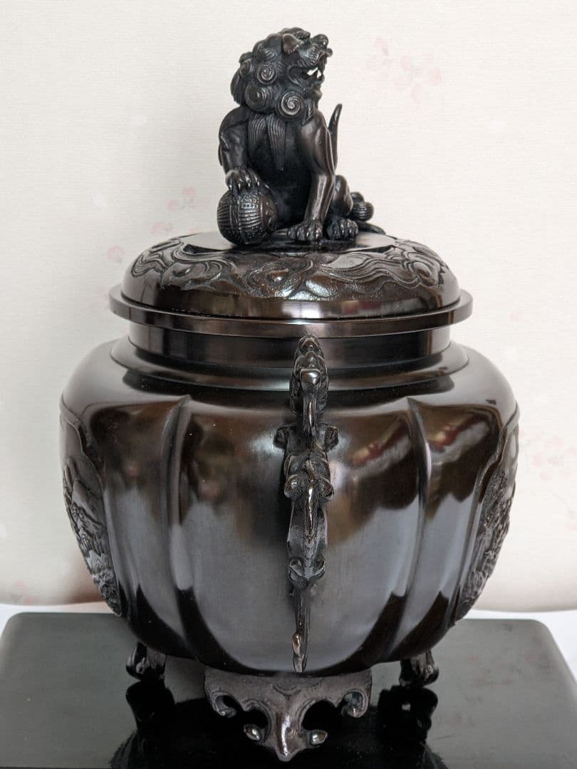 ♦香道具 獅子飾り 山水瓔珞紋様 龍双耳阿古柁形 大香炉 高岡銅器 高さ27cm