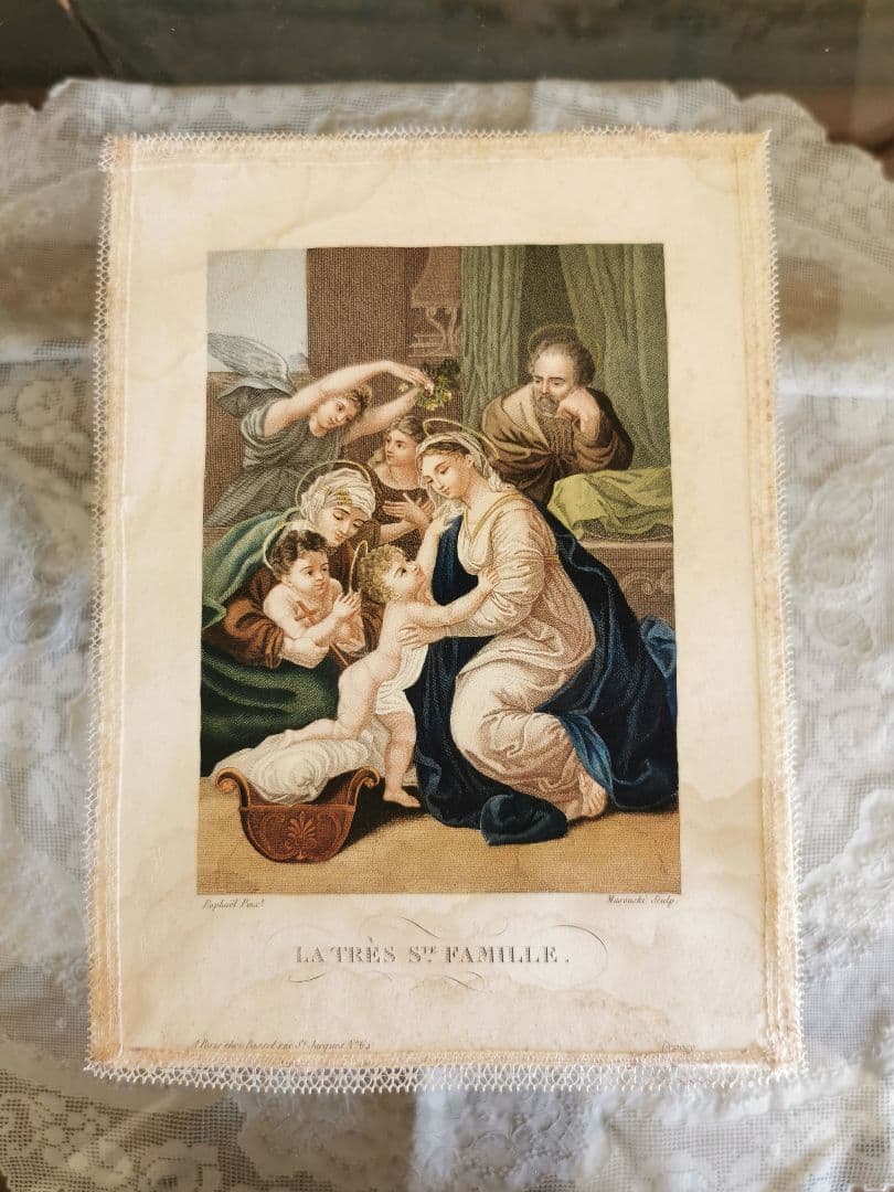 アンティークフランス銅版画 ラファエロの聖家族と予言者ヨハネと天使達 レース装飾