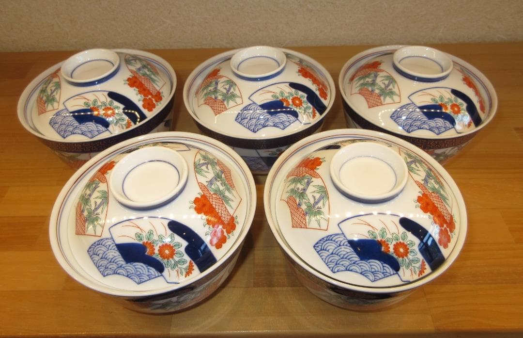 送料込【逢絢亭】雑煮椀 有田焼 染錦 友禅 ５客セット 西山作 共箱入り